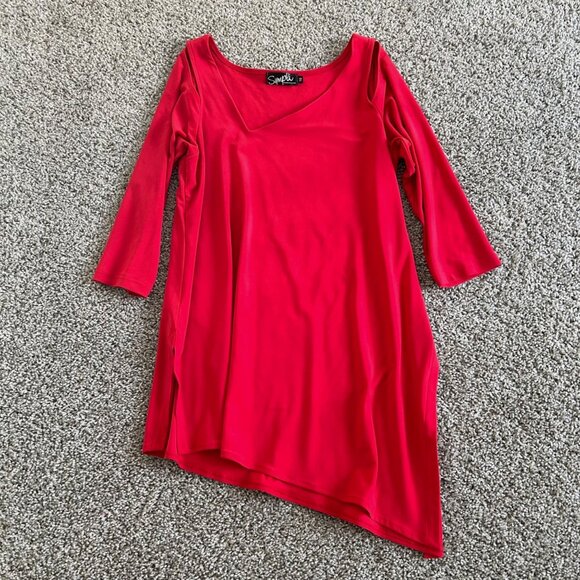 Sympli Womens Size 10 Red Cold Shoulder Asymmetrical Hem 3/4 Sleeve Tunic Top - Picture 4 of 10